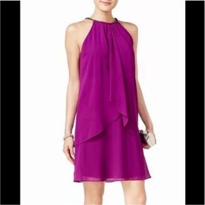 SLNY Purple Ruffled Halter Mini Dress
